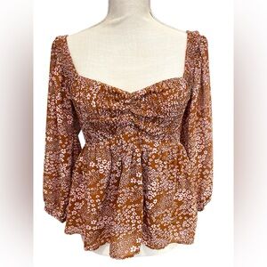 Baevley Brown and White Smocked Ruched Blouse- NWOT - SZ S